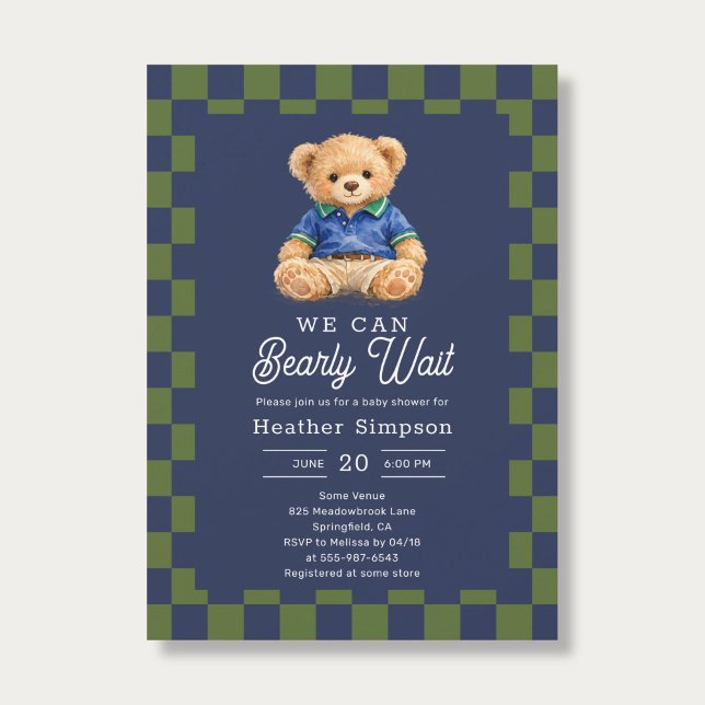 Preppy Teddy Bearly Wait Checkboard Baby Shower Inbjudningar (Skapare uppladdad)