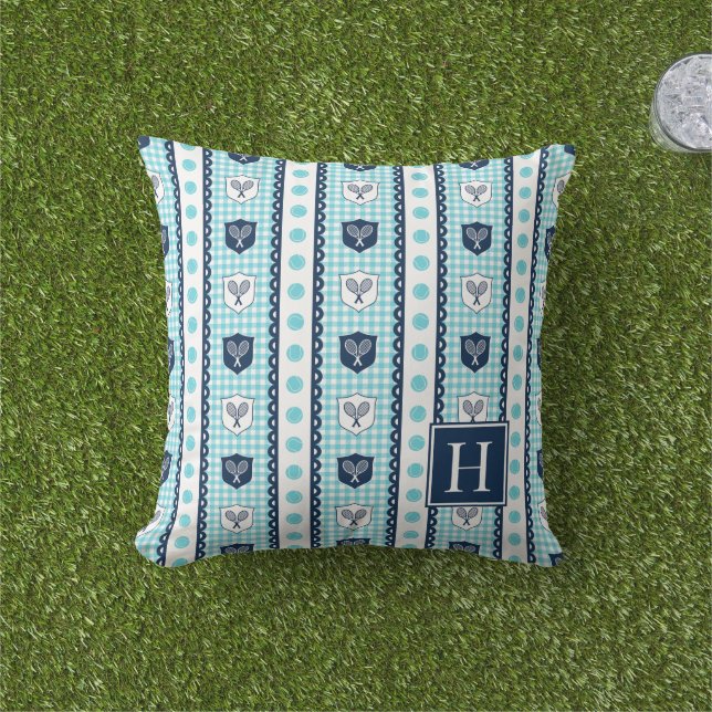 Preppy Tennis Crest Gingham - Turkos & Marinblå Kudde (Gräs)