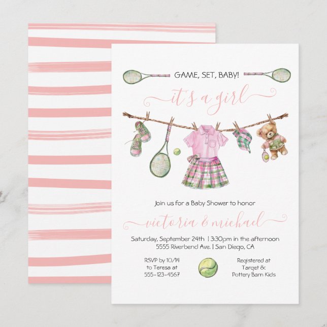 Preppy Tennis Girl Baby Shower Inbjudningar (Fram/baksida)