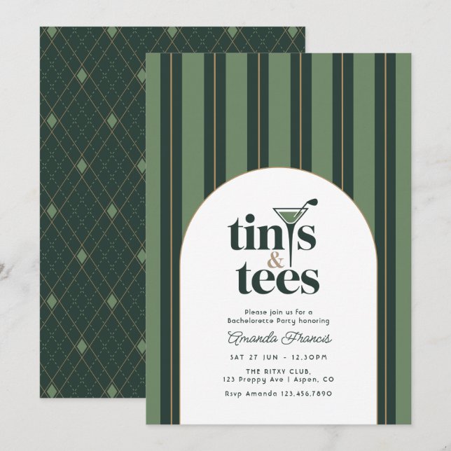 Preppy Tinis & Tees Golf Sjungande Möhippa Inbjudningar (Fram/baksida)