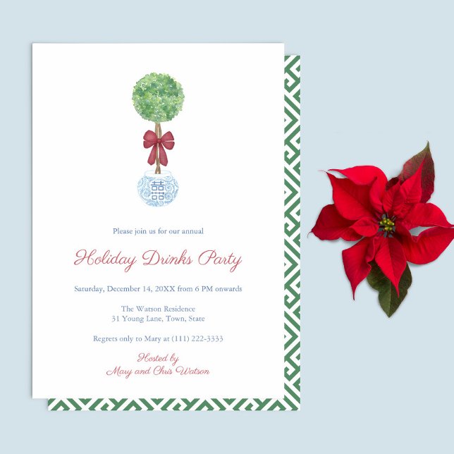 Preppy Topiary Träd Red Grönt Helgdag Drinks Party Inbjudningar (Preppy Boxwood topiary with red bow Holiday Drinks Party Invite. Reverse is green white greek key)