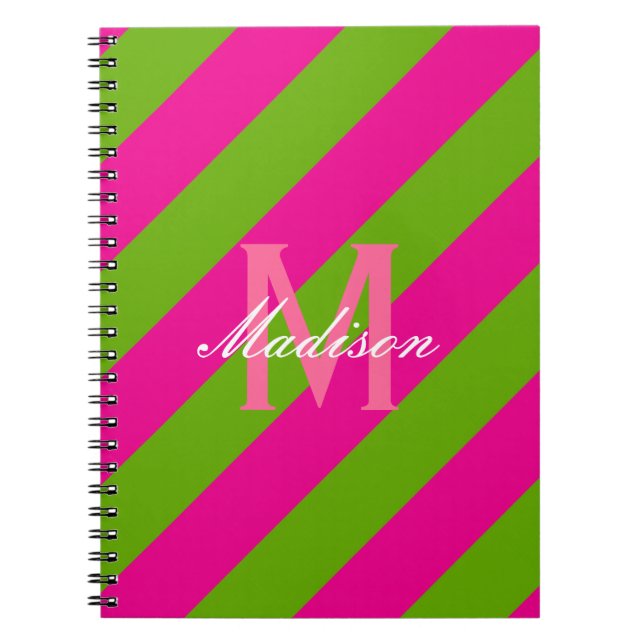 Preppy varmgrön och limegrön randig monogram anteckningsbok med spiral (Framsidan)