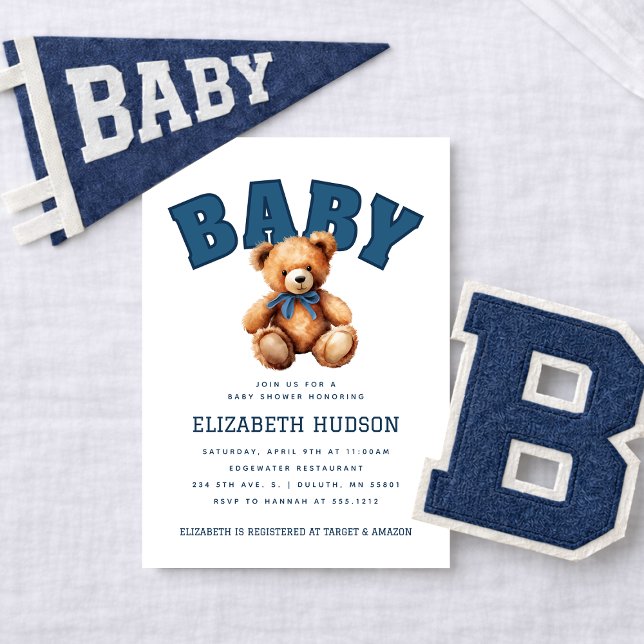 Preppy Varsity Teddybjörn Bebis Shower Inbjudan (Preppy Varsity Teddy Bear Baby Shower Invitation)