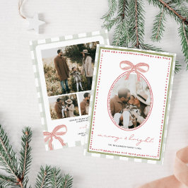 Preppy Vintage Pink Bow Family Photo Christmas Julkort