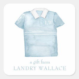 Preppy Watercolor Blue Monogram Golf Polo Shirt Fyrkantigt Klistermärke