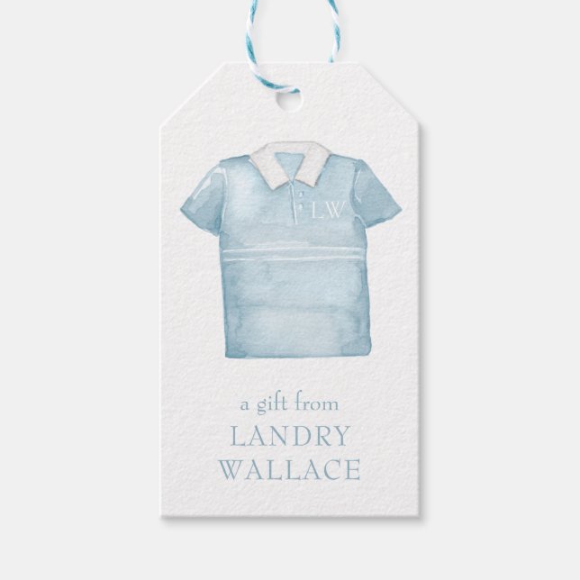 Preppy Watercolor Blue Monogram Golf Polo Shirt Presentetikett (Framsidan)