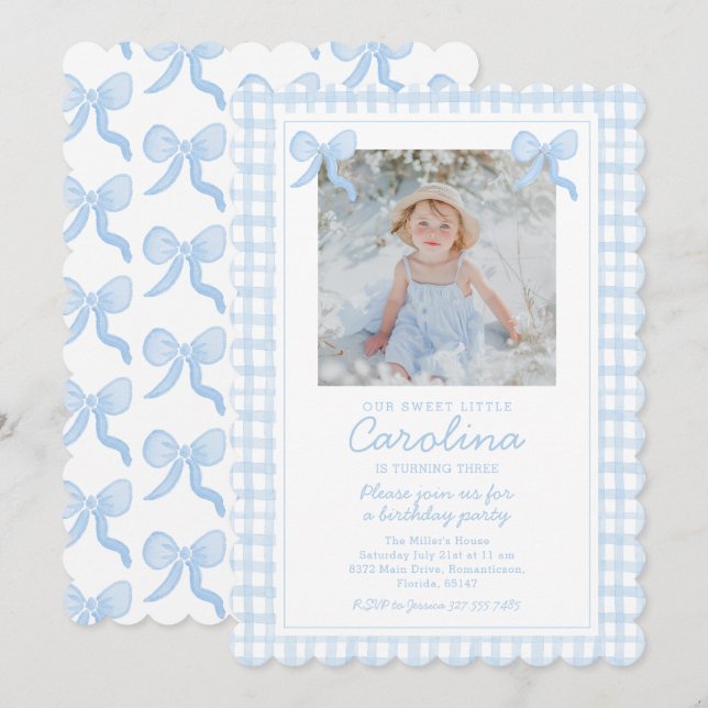 Preppy Watercolor Bows Gingham Anpassningsbar Phot Inbjudningar (Fram/baksida)