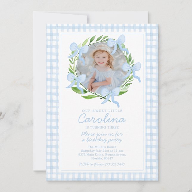 Preppy Watercolor Bows Gingham Anpassningsbar Phot Inbjudningar (Framsida)