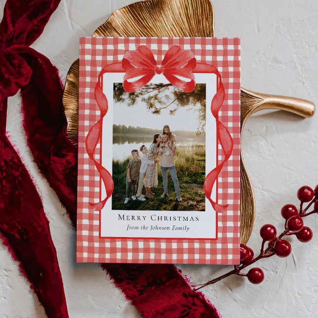 Preppy Watercolor Ribbon Gingham Julkort (Skapare uppladdad)