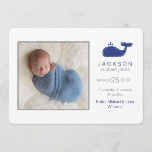 Preppy Whale Photo Birth Notice, Pojke Meddelande