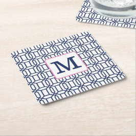 Preppy White Blue Octagon Monogram Initial Underlägg Papper Kvadrat