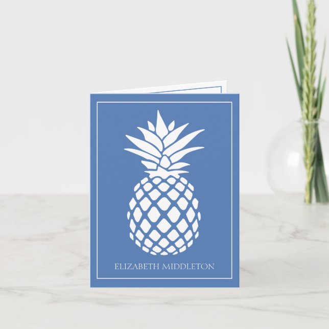 Preppy White Pineapple on Blue Anteckningskort (Framsida)