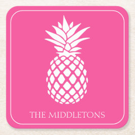 Preppy White Pineapple on Pink Underlägg Papper Kvadrat