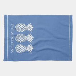 Preppy White Pineapples on Blue Kökshandduk