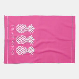 Preppy White Pineapples on Pink Kökshandduk