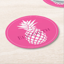 Preppy White Pineapples on Pink Underlägg Papper Rund