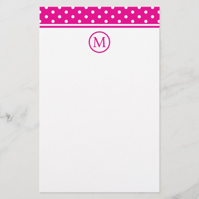 Preppy White Polka dots på Bright Rosa Monogram Brevpapper (Framsida)