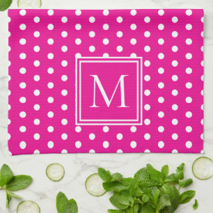 Preppy White Polka dots på Bright Rosa Monogram Kökshandduk