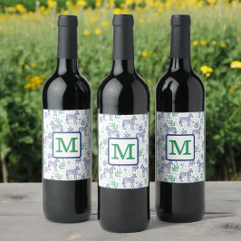 Preppy White Zebra Martinis Grönt Monogram Vinflaska Etikett