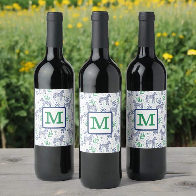 Preppy White Zebra Martinis Grönt Monogram Vinflaska Etikett (Skapare uppladdad)