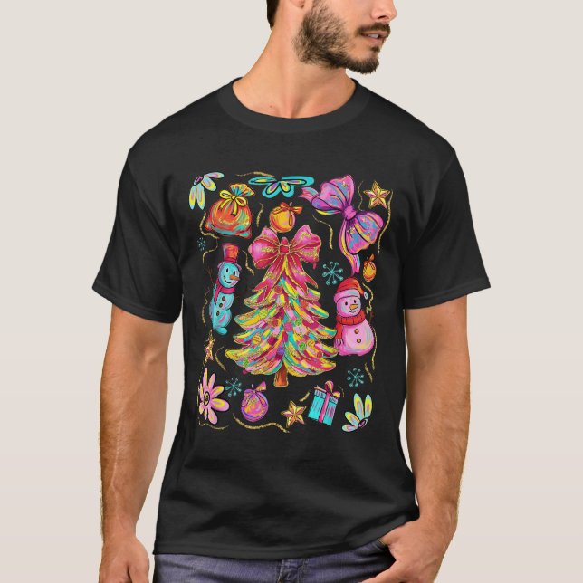 Preppy Xmas Coquette Bow Lace Merry Bright Christm T Shirt (Framsida)