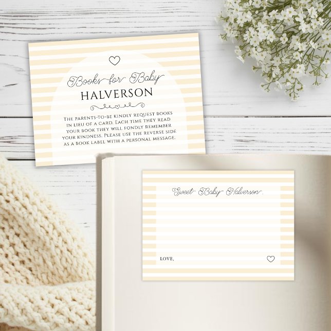 Preppy Yellow Stripes Baby Shower Book Request Tilläggskort (elegant butter yellow and white baby shower book request card insert with back doubles as gift tag.)