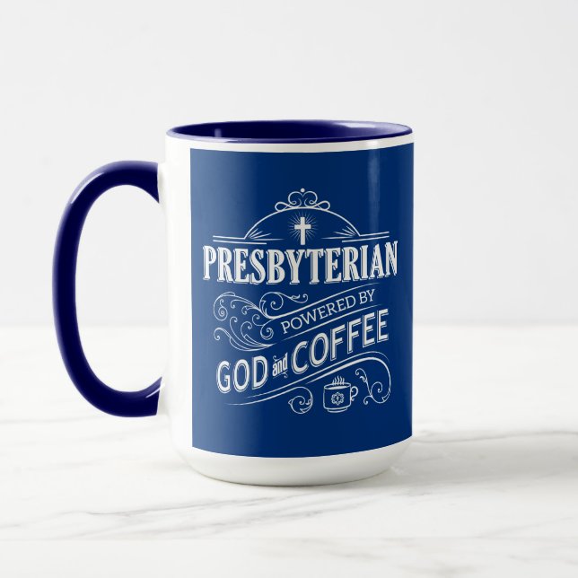 Presbyterian, driven av Gud och kaffe Mugg (Vänster)