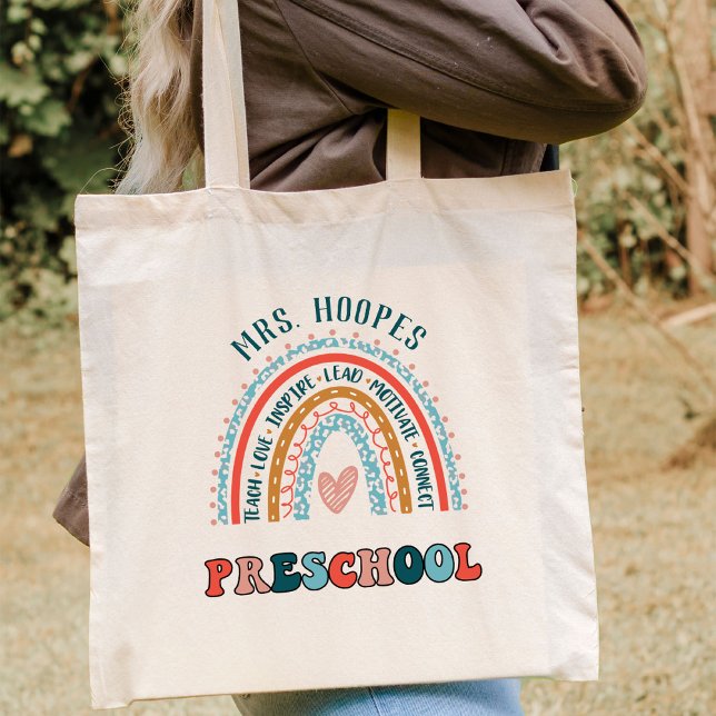 Preschool Boho Rainbow Heart Personlig Lärare Tygkasse (Skapare uppladdad)