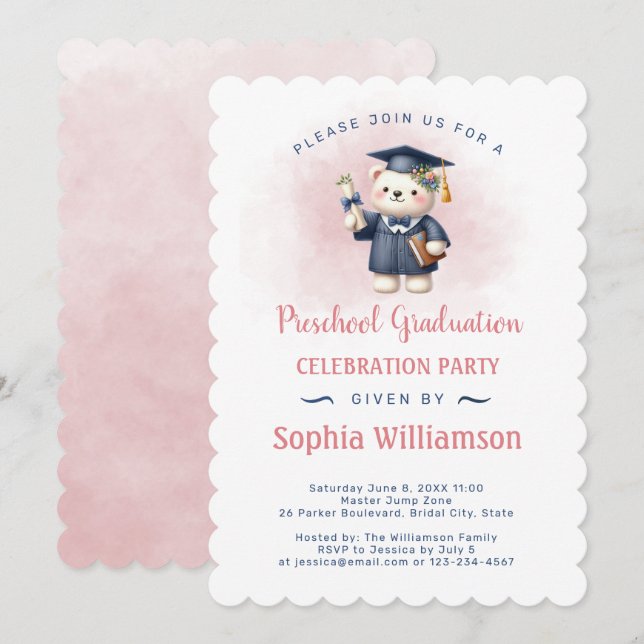 Preschool Girl Studenten Nalle Inbjudningar (Fram/baksida)