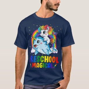 Preschool Magic Unicorn Riding Narwhal tillbaka ti T Shirt