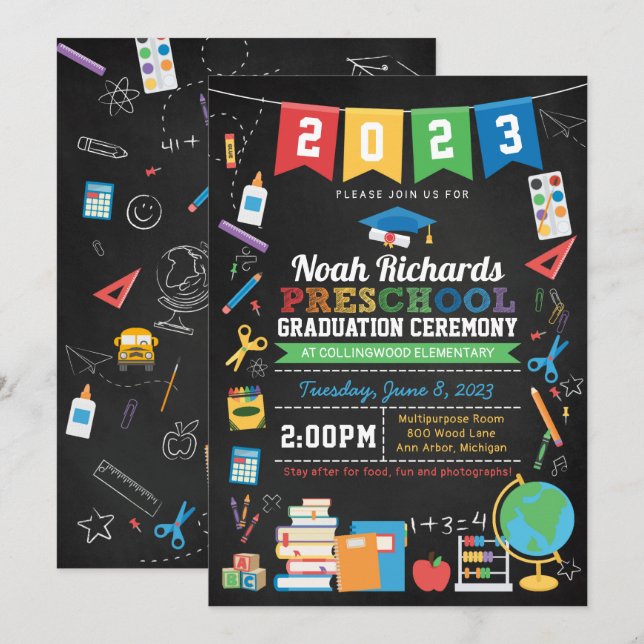 Preschool Studenten Bunting & Chalkboard Inbjudningar (Fram/baksida)