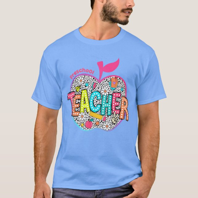 Preschool Teacher Flowers Retro Lightning Back To  T Shirt (Framsida)