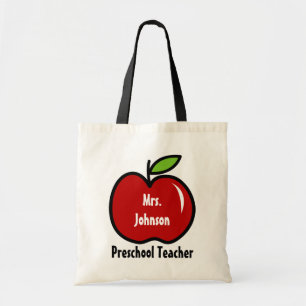 Preschool teacher tote bag Personalize red apple Tygkasse