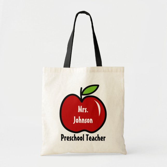 Preschool teacher tote bag | Personalize red apple Tygkasse (Framsidan)