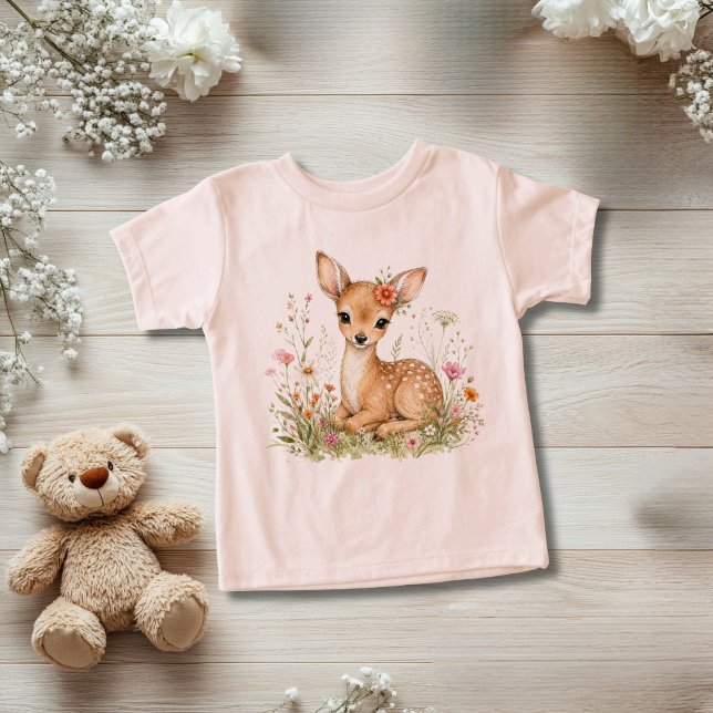 Present för småbarnsflicka med akvarellblommor och t shirt (Baby Deer with Wildflowers Toddler Baby t-shirt. Also available in baby body suit. )