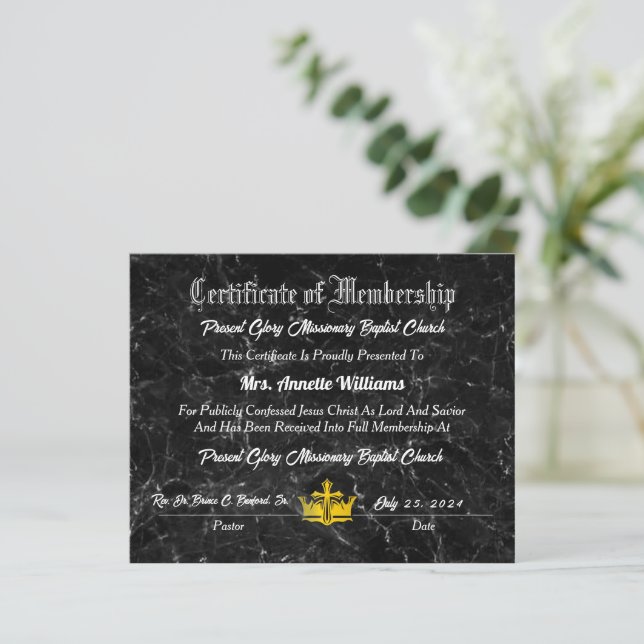 Present Glory Baptistkyrka Certifikat (Stående Fram)