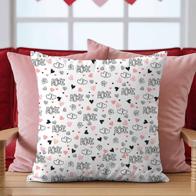 Present till flickvännen Alla hjärtans dags kudde  (Gift for Girlfriend Valentine Pillow Sketch Hearts)