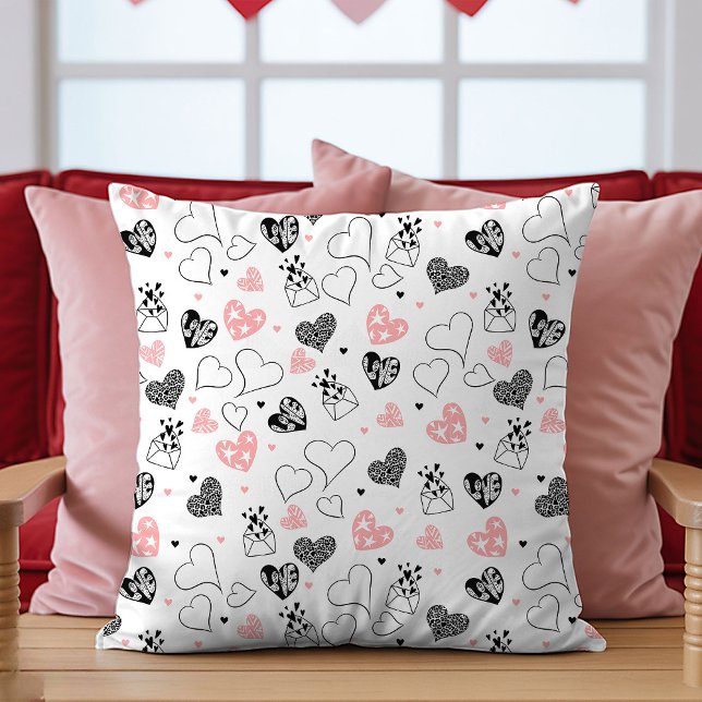 Present till fru Alla hjärtans dags kudde Rosa Sva (Gift for Wife Valentine Pillow Pink Black Hearts)