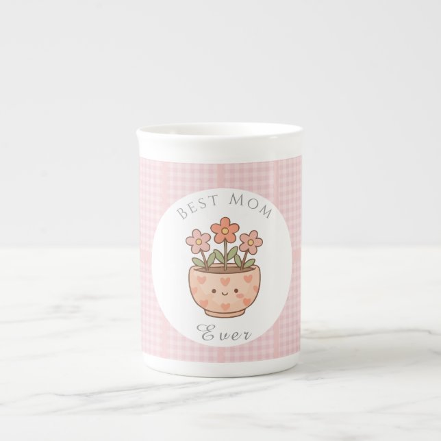 Present Till Mamma,Bästa Mamma Någonsin,Rosa Rutig Benporslin Mugg (Framsidan)