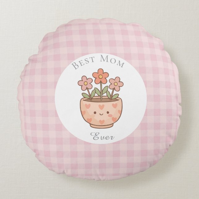 Present Till Mamma,Bästa Mamma Någonsin,Rosa Rutig Rund Kudde (Framsidan)