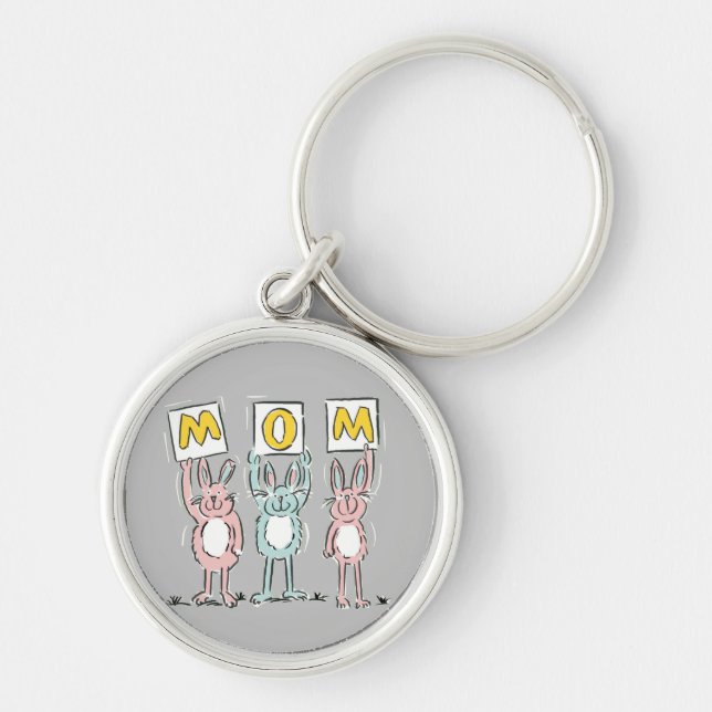 Present till Mamma Roliga Kaniner Design Rund Silverfärgad Nyckelring (Framsidan)