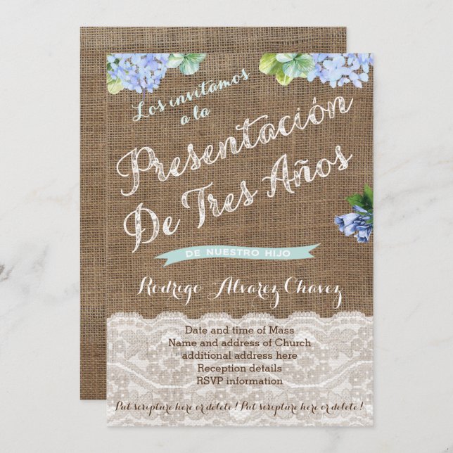 Presentación de Tres Años, de niño Inbjudningar (Fram/baksida)