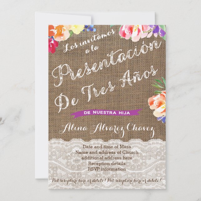 presentacion de tres años para niña, flores inbjudningar (Framsida)