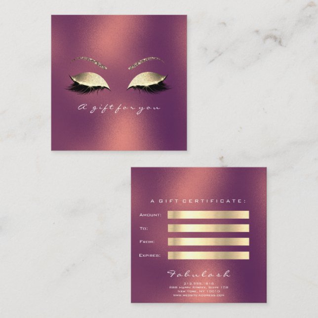 Presentcertifikat Copper Guld Lash Makeup Öga Rabattkort (Fram/baksida)