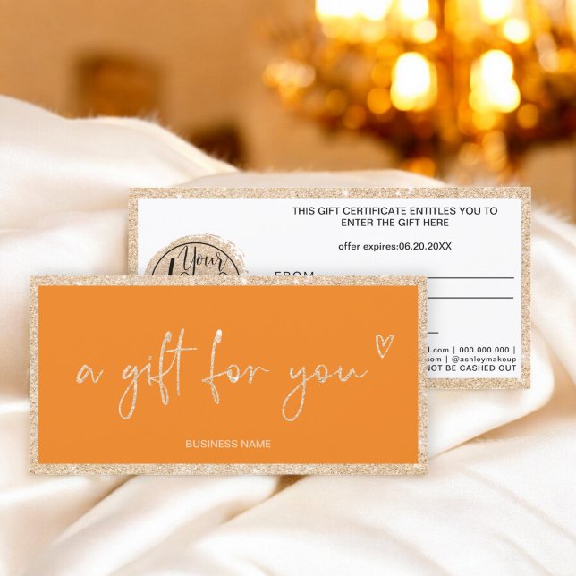 Presentcertifikat för logotyp av orange för hjärtg (Gold glitter heart orange logo gift certificate)