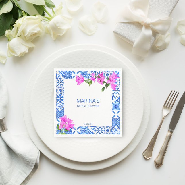Presenter åt bruden blåa brickor Bougainvillea  Pappersservett (Bridal shower table decor Blue Tiles Bougainvillea printed Napkins personalized tableware)