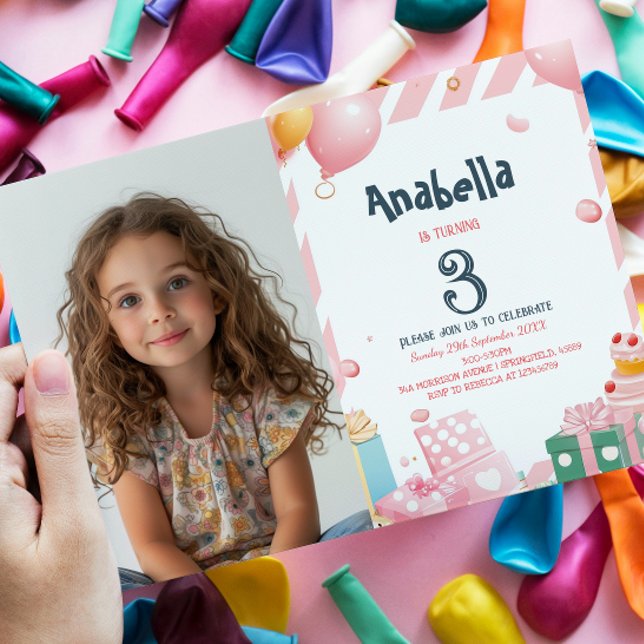 Presenter och ballonger Rosa Girl Födelsedagsfest Inbjudningar (Skapare uppladdad)