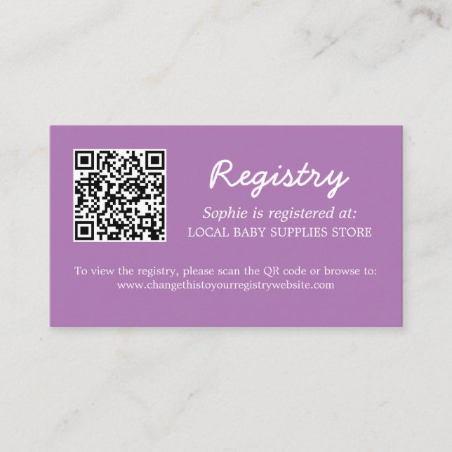 Presentförteckning QR-kod Baby Shower Ljuslila Tilläggskort (Framsida)