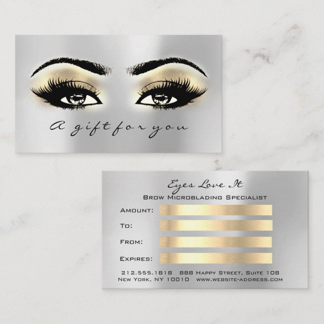 Presentkort Brows Silver Guld Lash Makeup Rabattkort (Fram/baksida)