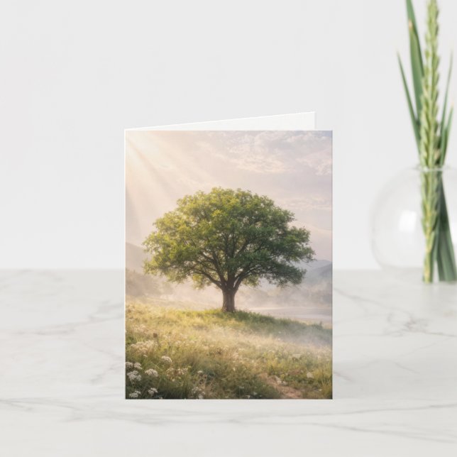 Presentkort Ensam Grön Träd med Solstrålar Kort (Framsida)